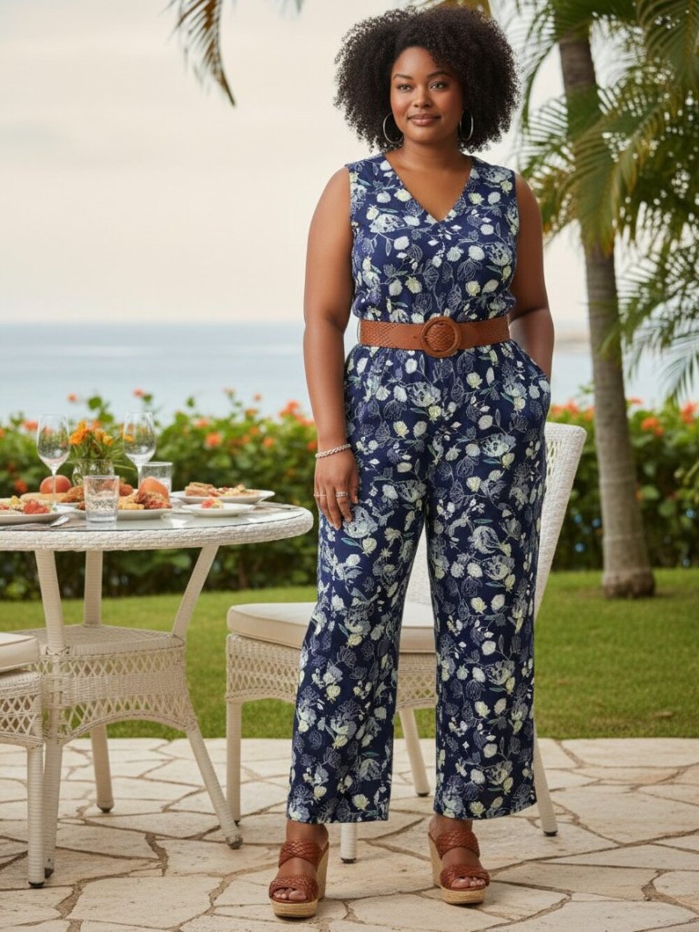 Apt 9 Jumpsuit Womens XL Navy Blue Excellent Floral V-Neck Wide Leg Sleeveless
